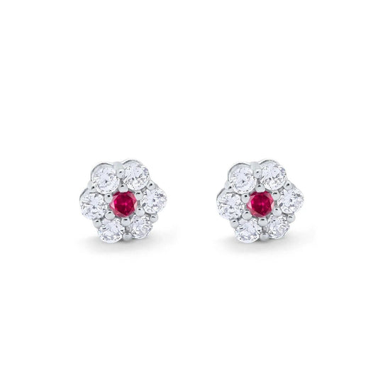 Ruby & Diamond Flower Stud Earrings