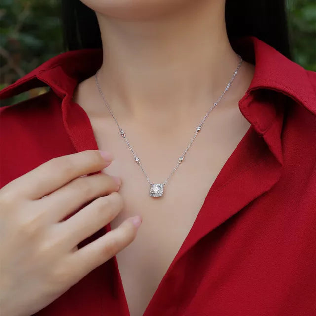 Real Moissanite Square Halo Pendant Necklace