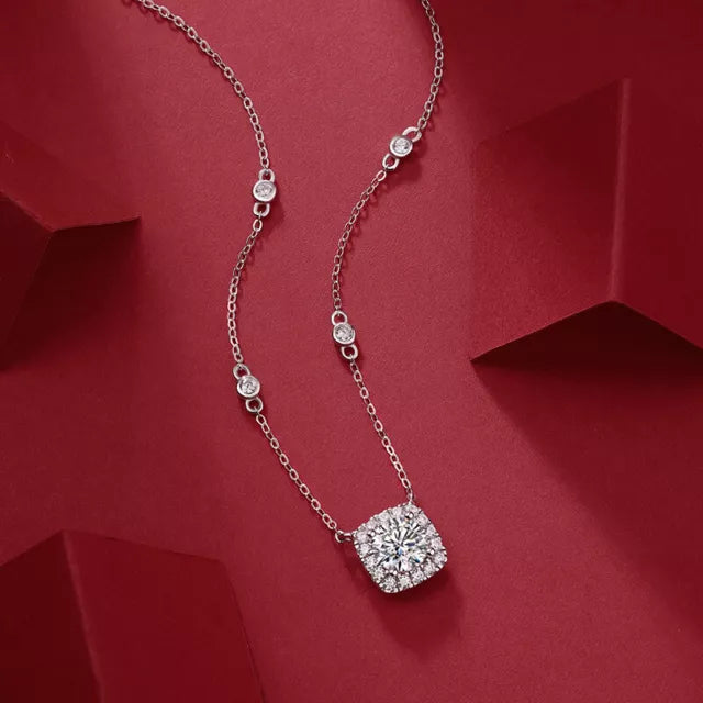 Real Moissanite Square Halo Pendant Necklace