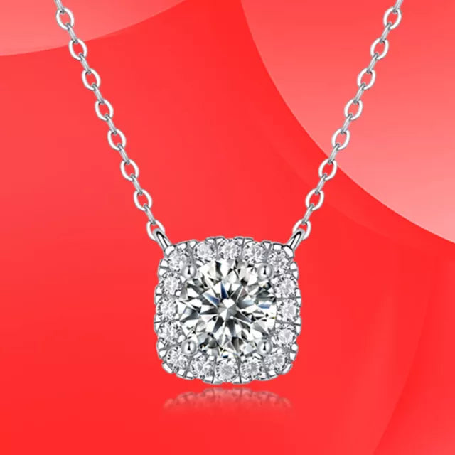 Real Moissanite Square Halo Pendant Necklace