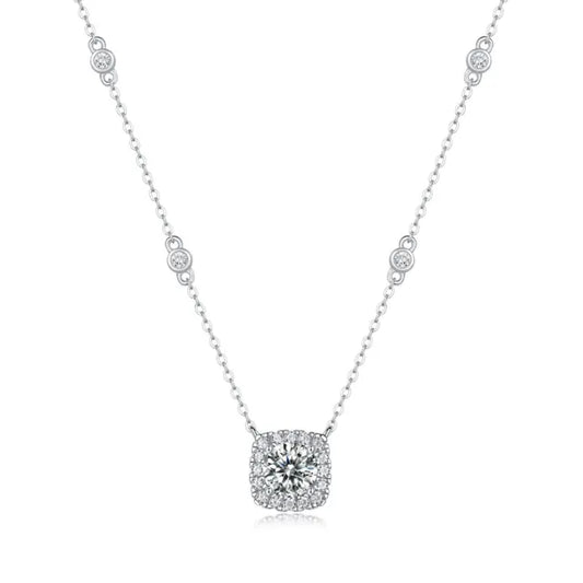 Real Moissanite Square Halo Pendant Necklace