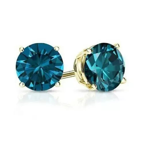 2Ct Lab Created Blue Diamond Solitaire Stud Earrings 14K Yellow Gold Plated