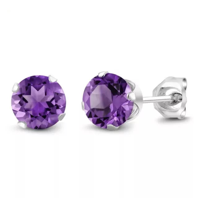 2ct Lab-Created Stud Earrings Round Cut Amethyst Solitaire