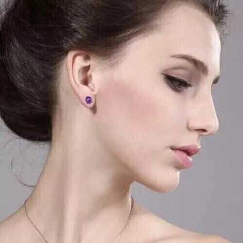 2ct Lab-Created Stud Earrings Round Cut Amethyst Solitaire