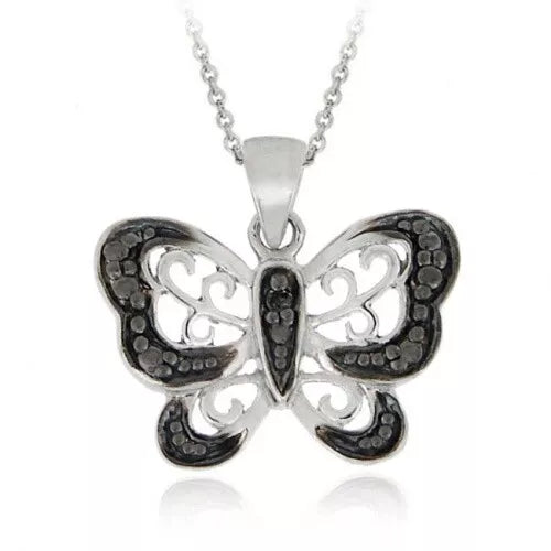 925 Silver Black Diamond Accent Butterfly Necklace