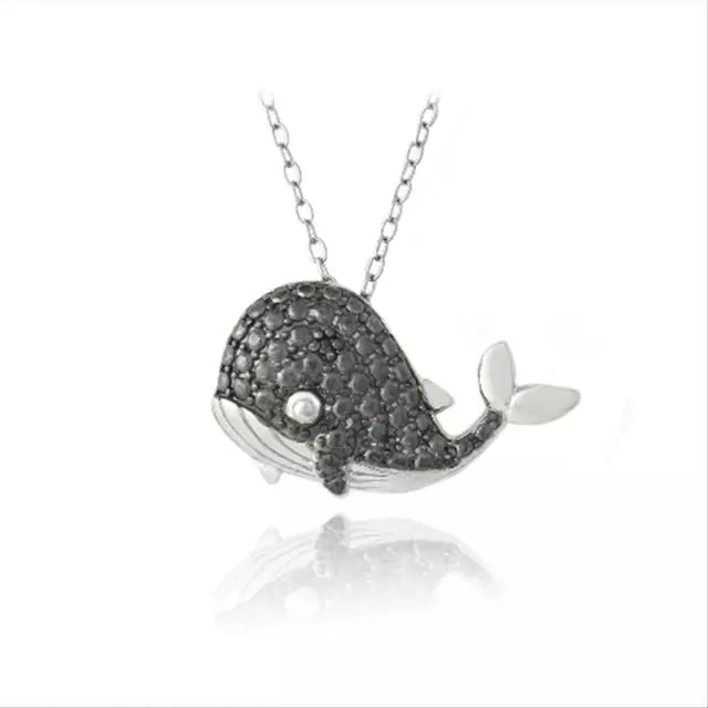 925 Silver Black Diamond Accent Whale Necklace, 18"