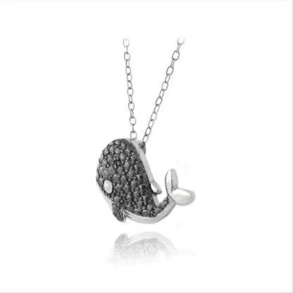 925 Silver Black Diamond Accent Whale Necklace, 18"