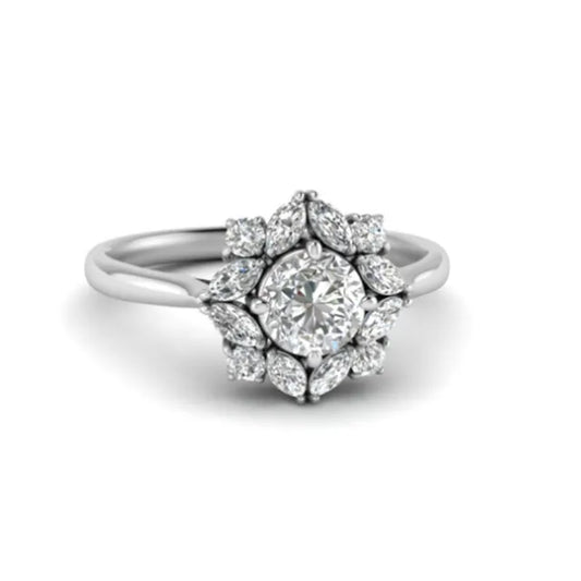 Round Cut Natural Moissanite Flower Ring