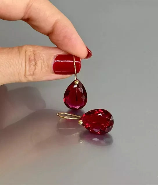 Lab-Created Red Ruby 2Ct Pear Cut Women's Drop Earring 14K Yellow Gold Plated