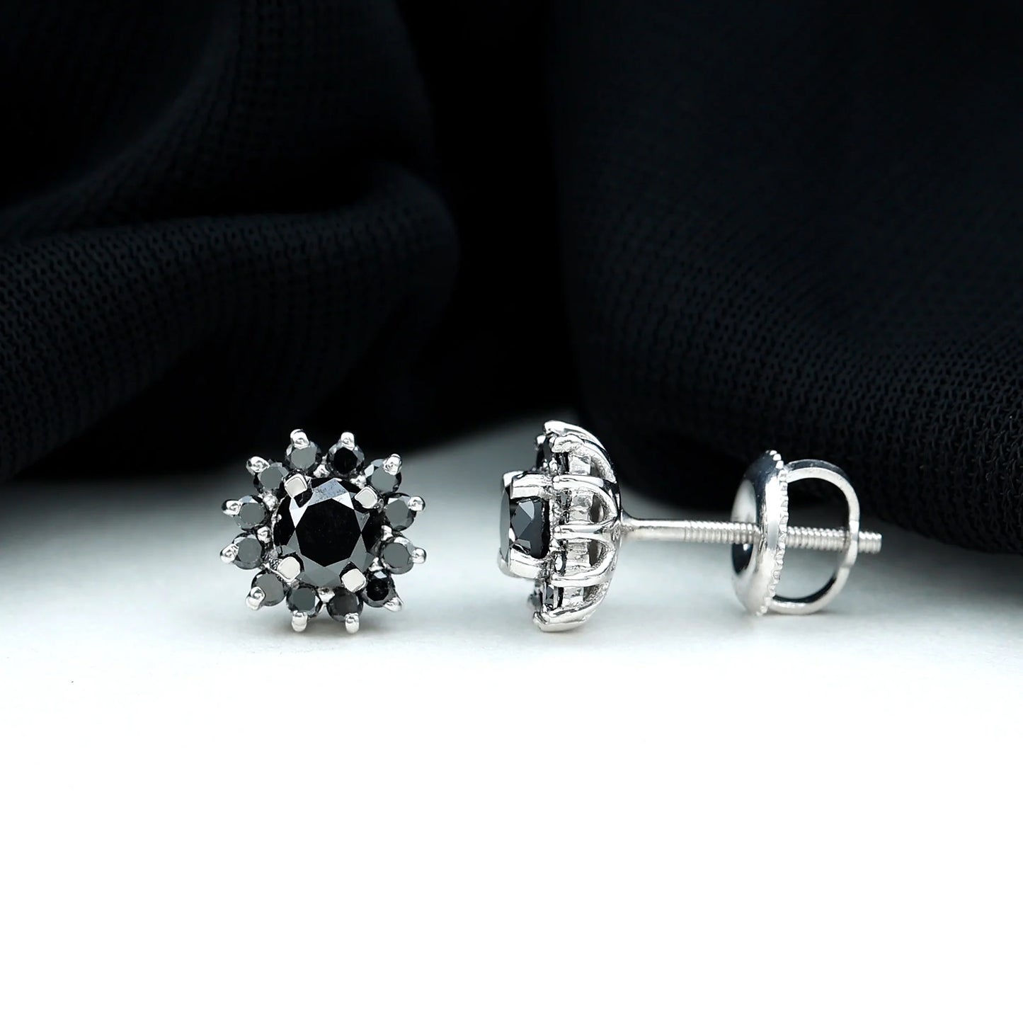 Black Diamond Floral Stud Earrings