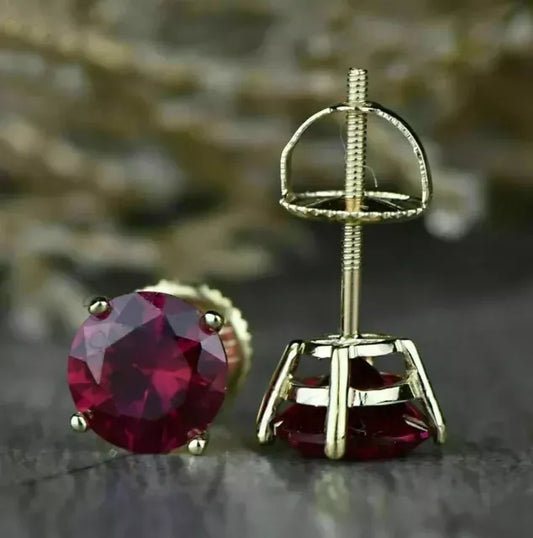 Solitaire Stud Earring 2Ct Round Cut Lab Created Ruby 14K Yellow Gold Plated