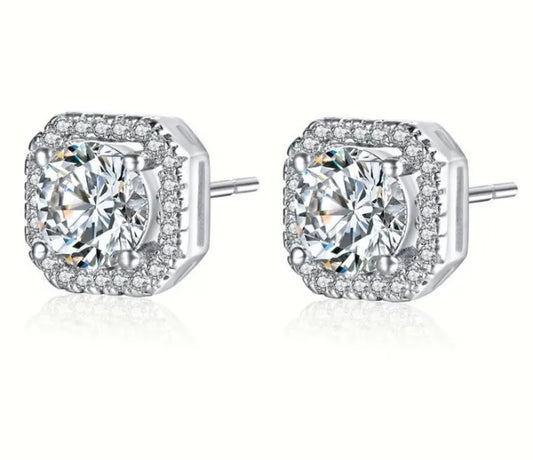 Sterling Silver Pave Moissanite Square Round Stud Earrings