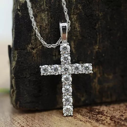 Natural Moissanite Cross Necklace 14K White Gold